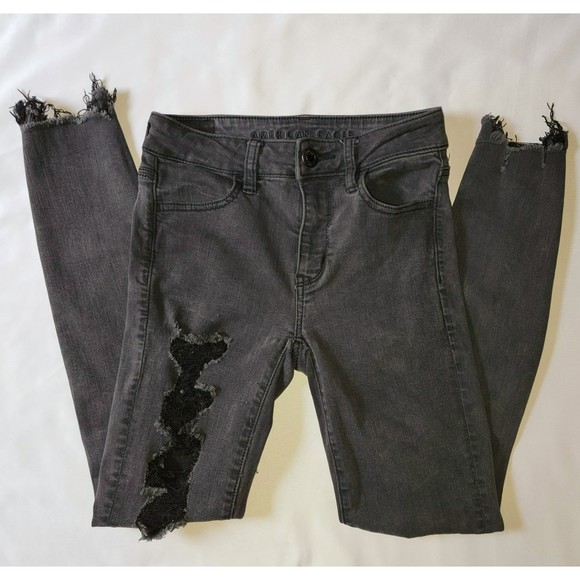 American Eagle Juniors 0 High Rise Skinny Ankle Distressed Acid Black Wash Jeans - Picture 1 of 12